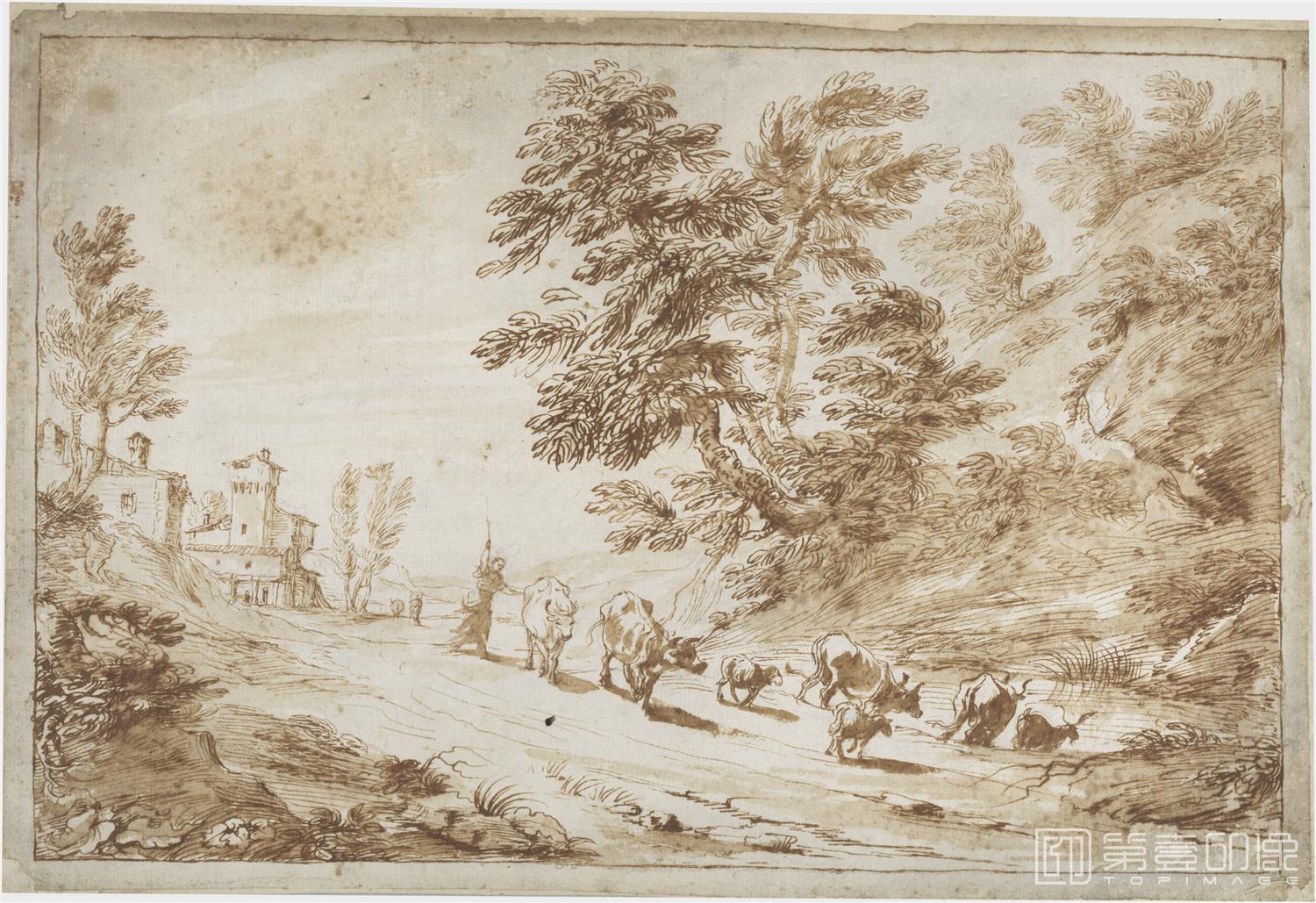 素描-西班牙普拉多美术馆素描藏画-Cittadini, Pier Francesco-Paisaje con una pastora y vacas-0873